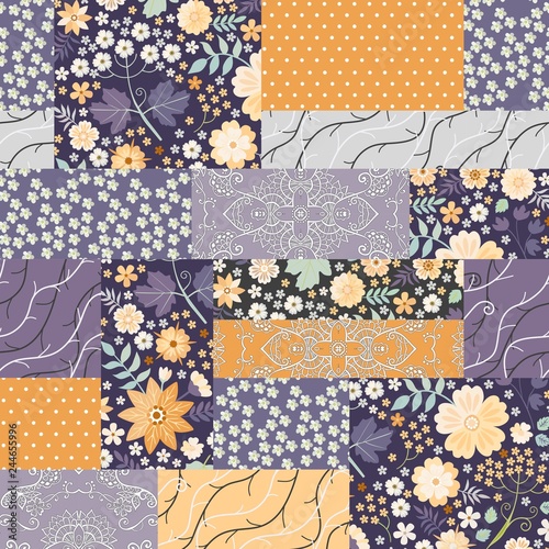 Seamless patchwork pattern with floral and ornamental patches. Beautiful vector illustration of quilt.