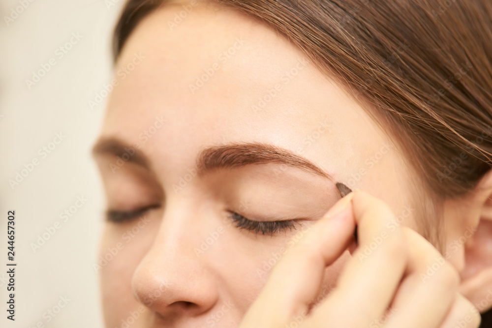 Makeup professional artist apply face mascara. Woman beauty model. Nature nude look. Contour foundation Makeup professional artist apply face mascara. Woman beauty model. Nature nude look. Contour foundation