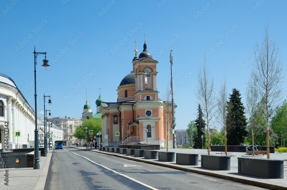 Moscow, Russia - may 12, 2018: View of Varvarka street and the Church of St. Barbara on a Sunny spring day