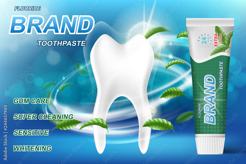 Whitening toothpaste ads, mint leaves background. Tooth model and ...