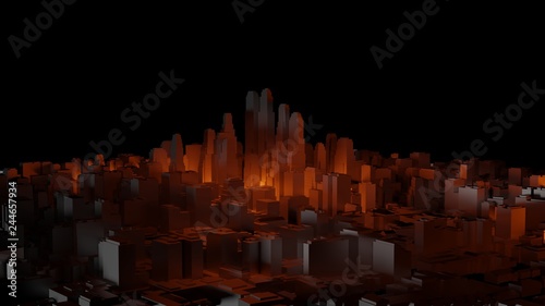 3d city with bright red flashes on a dark background