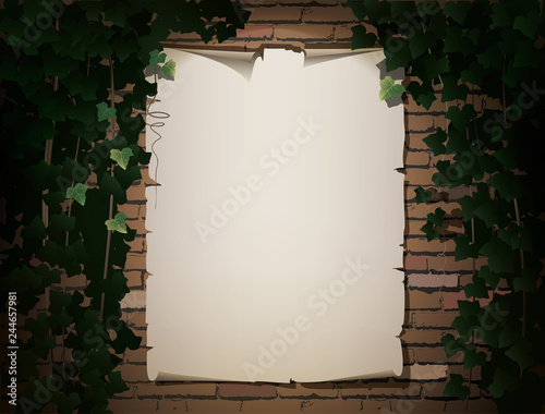 A poster of a scroll on a brick wall.
A brick wall overgrown with ivy and a poster in the light of an lantern. Vector 3d render background with place for text. EPS-10.