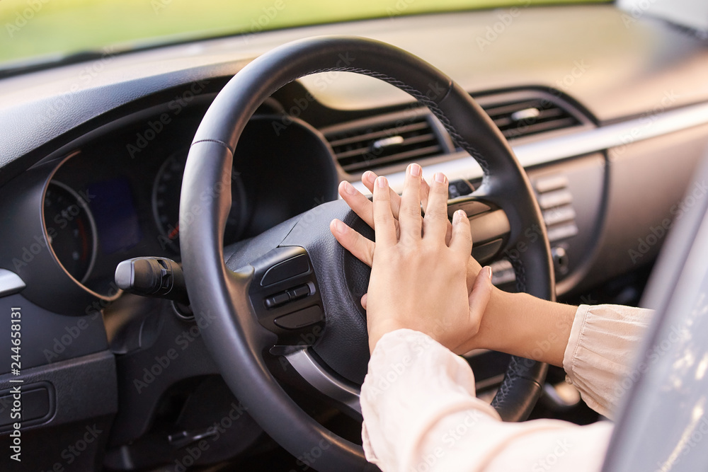 Young woman in car. Ride instruction. Automobile loan