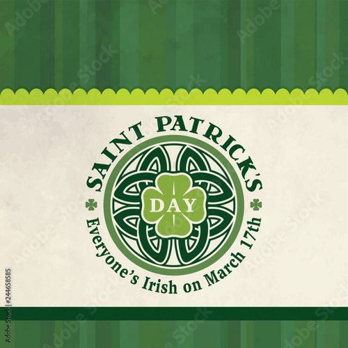 Saint Patrick's day vintage hipster logo on grunge green texture. Cool vector template for label, poster, flyer.