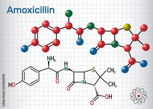 Amoxicillin drug molecule. It is beta-lactam antibiotic. Structural chemical formula and molecule model. Sheet of paper in a cage