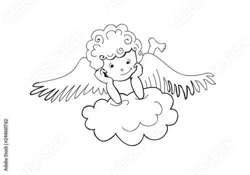 Doodle cute cartoon cupid isolated on white background laying on the cloud. Vector illustration for Valentines day holiday design