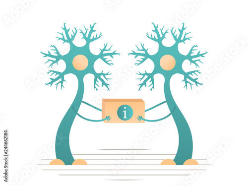 Neurons transmit information to the brain. Vector flat illustration.