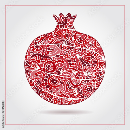 Hand drawn pattern with pomegranate ornaments and elements. Vector creative abstract pomegranate fruit. Decorative design for Jewish holidays. Tu Bishvat, Sukkot, Rosh Hashanah. Healthy food logo.