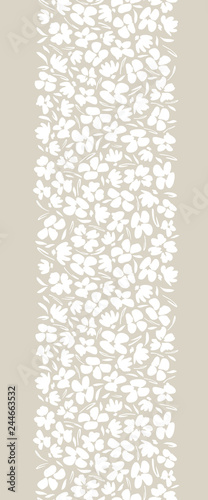 White Monochrome graphic ditsy gestural blooms and foliage on beige background vector seamless vertical border. Florals.