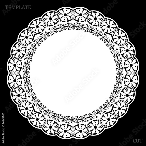 Lace round paper doily, greeting element, laser cut template, doily to decorate the cake, vector illustrations.