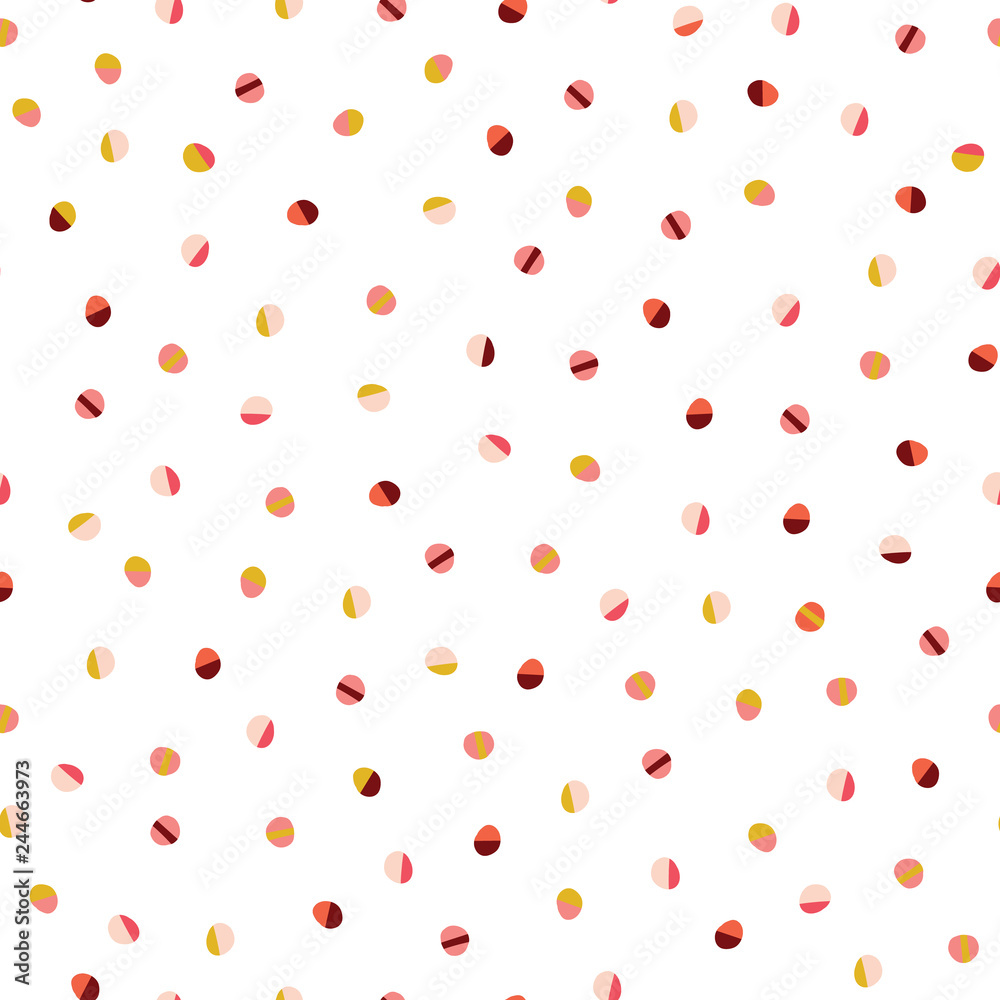 Modern hand drawn polka dots seamless vector pattern. Abstract geometric background. Textured circles randomly scattered. Collage style dots gold, red, pink, coral on white. For fabric, decor, paper. Modern hand drawn polka dots seamless vector pattern. Abstract geometric background. Textured circles randomly scattered. Collage style dots gold, red, pink, coral on white. For fabric, decor, paper.