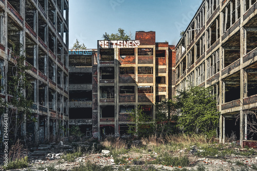 Detroit, Michigan, United States - October 2018: View of the abandoned Packard Automotive Plant in Detroit. The Packard Plant sprawls multiple city blocks and measures in at 3.5 million square feet