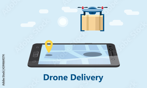 The concept of delivery of the drone flies with the mail, the delivery of parcels. Smartphone, isometric. Internet delivery, concept, idea, vector, illustration for web, shops, animation, mobile apps
