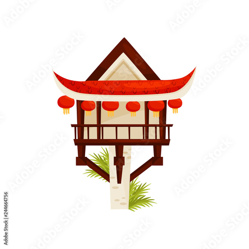 One pillar pagoda decorated with traditional red lanterns. Buddhist temple. Travel to Vietnam. Flat vector design