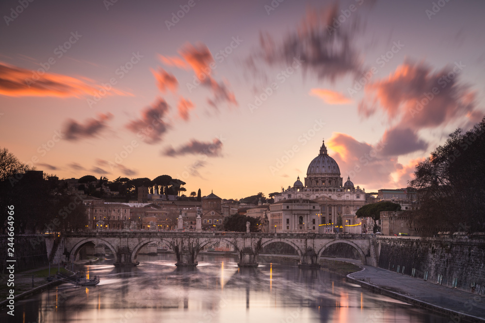 Sunset in Rome with the Vatican and the Tiber river. Rome, Lazio, Italy