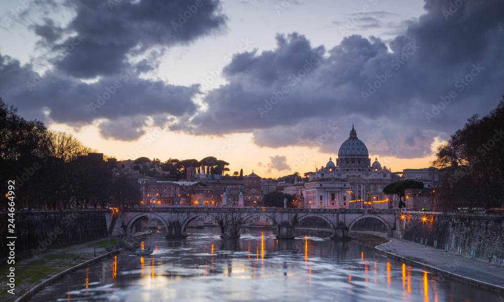 Sunset in Rome with the Vatican and the Tiber river. Rome, Lazio, Italy