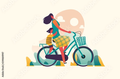 Mom with daughter biking with love. . Mixcolor vector illustration photo