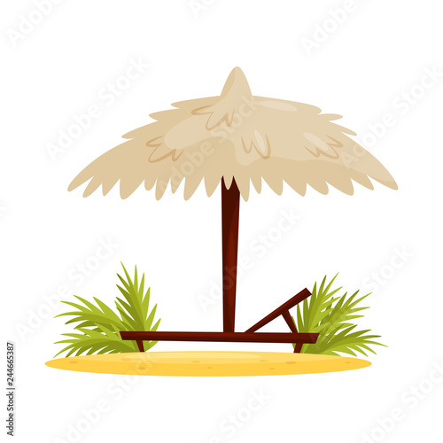 Wooden chaise lounge, umbrella and green leaves on sand. Beach vacation. Summer holiday in Vietnam. Flat vector design