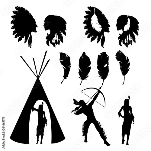 Set of isolated black silhouettes of Native Americans on white background photo