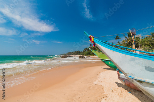 Untouched tropical beach with palms and fishing boats in Sri-Lanka. Fishing boats stand in Ambalangoda small harbor. 