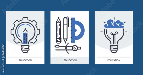 Education set of cards vector illustration. Online education, learning, learn to think. Pencil, pen, calipers protractor bulb with brains. Invitations for courses or classes.