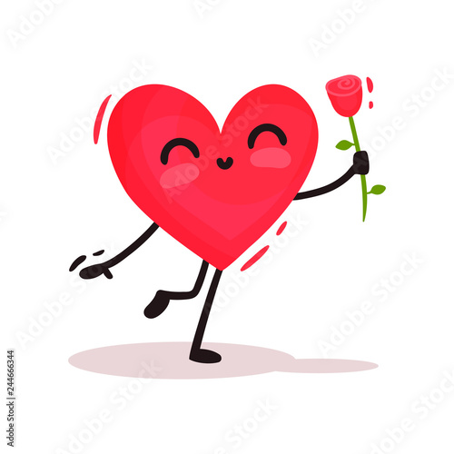 Cute humanized heart holding red rose in hand. Love theme. Cartoon character. Flat vector for Valentines day postcard