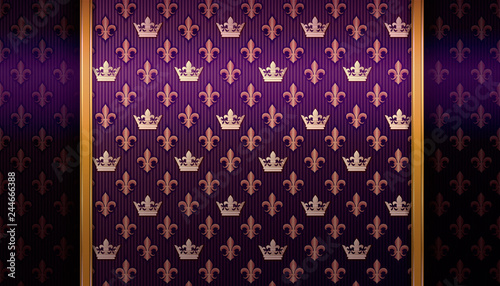 Purple background with crowns and Royal lilies.