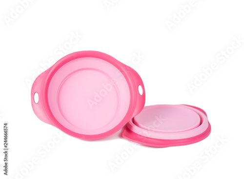 Pet supplies concept.  Pet bowls for food on isolated white background.