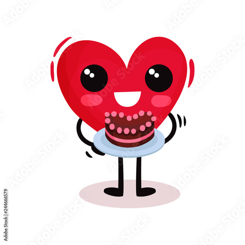 Cheerful humanized red heart holding tasty cake. Holiday dessert. Valentines day theme. Flat vector design