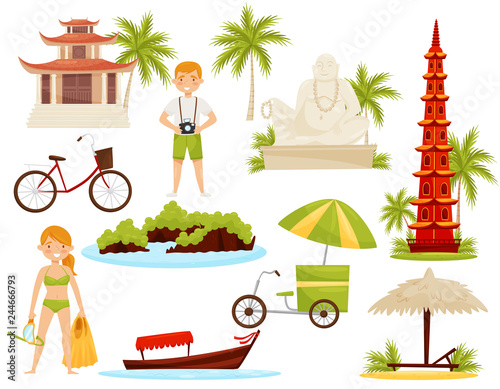 Flat vector set of Vietnamese cultural objects. Famous landmarks and historical monuments, tourists and transport