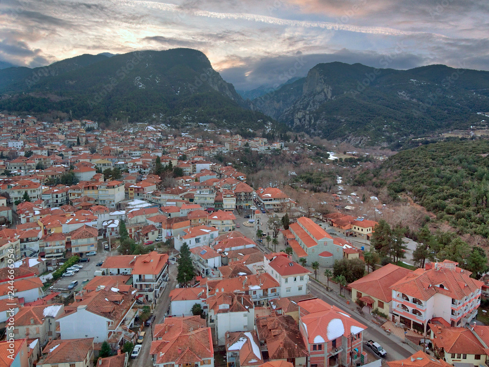 Litochoro village and Enipeas canyon at the foothills of Mount Olympus