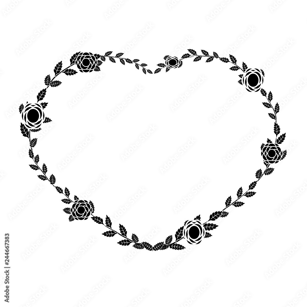 The black heart from a flower ornament on a white background. Ornament of hearts from roses and leaves. Heart symbol. Vector The black heart from a flower ornament on a white background. Ornament of hearts from roses and leaves. Heart symbol. Vector