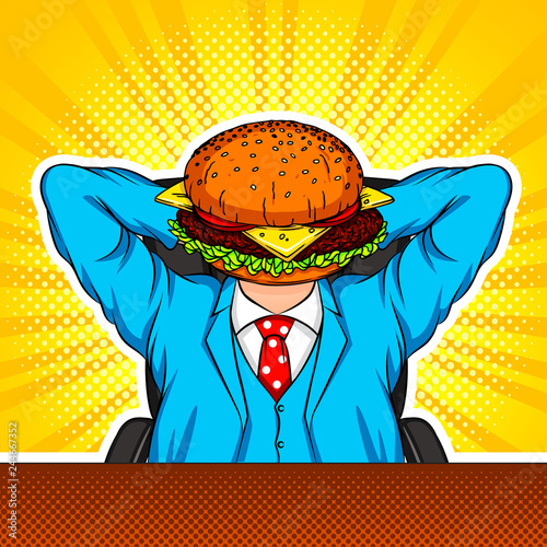 Color vector modern art collage with elements of pop art style. The combination of a burger and an office worker. Conceptual collage in bright colors in the style of the 90s. A man sitts in an office