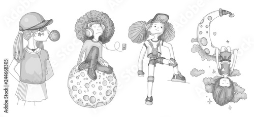 Grayscale Set of teenage girl icons, cute cartoon teen objects, fun stickers design vector in teenager girls concept. Doodle icon set for teenagers. Colorless hand drawn set of teenage girl icons