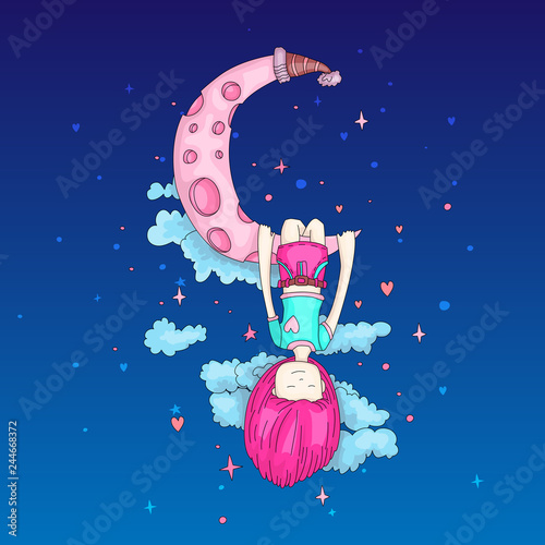 A little girl sleeping and dreaming, hanging on a crescent moon among the stars and clouds. Little girl dreaming on the moon. Dreaming little girl vector cartoon hand draw illustration on blue.
