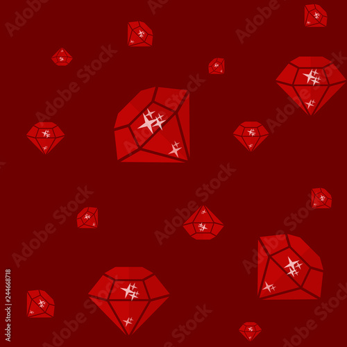 Seamless pattern of ruby gemstones on red background. Vector illustration of repeating background with precious gems.