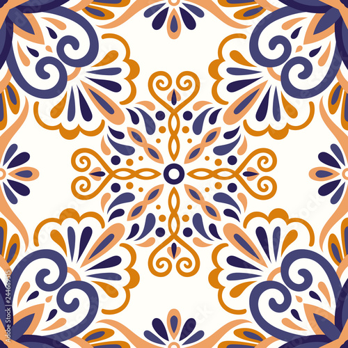 Ethnic style seamless pattern. Azulejo ceramic tile design. Zellige ornament. Talavera tracery motif. Portuguese, Spanish, Mexican, Brazilian folk print