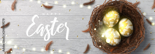 Happy Easter banner template. Beautiful background with realistic wicker nest, white golden eggs, sparkling gold confetti, shining garland and chicken feathers. Holiday vector illustration.