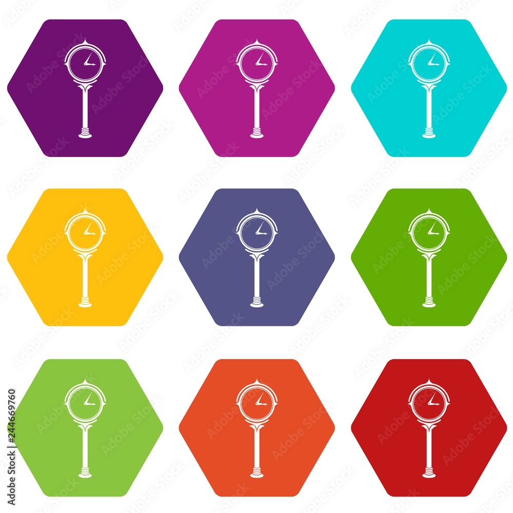 Station clock icons 9 set coloful isolated on white for web Station clock icons 9 set coloful isolated on white for web