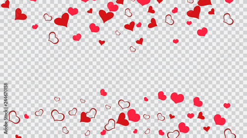 Happy background. Red hearts of confetti are flying. Design element for wallpaper, textiles, packaging, printing, holiday invitation for birthday. Red on Transparent fond Vector.