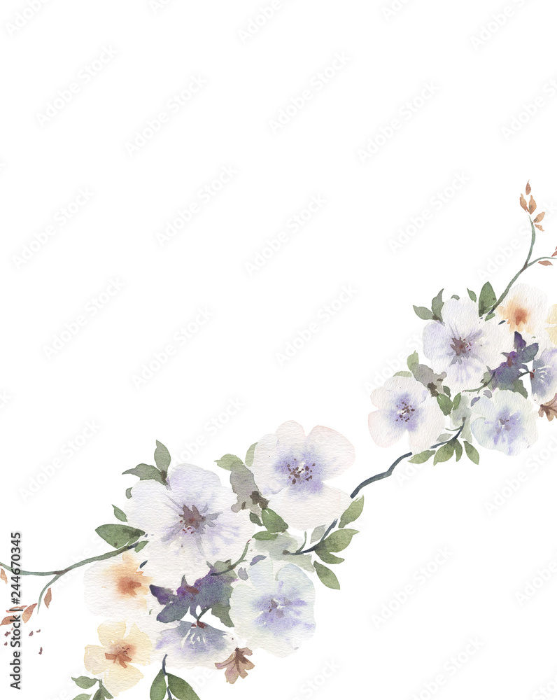 watercolor painting of leaves and flower, on white background watercolor painting of leaves and flower, on white background