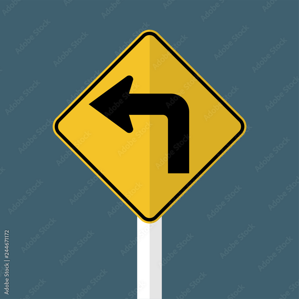 Left turn ahead traffic sign on gray background Left turn ahead traffic sign on gray background