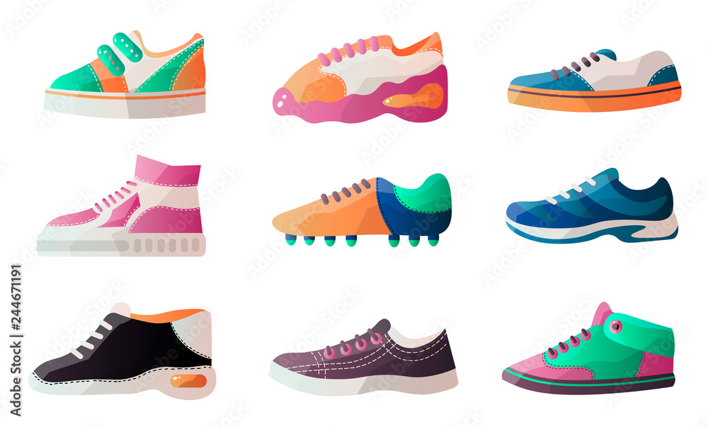 Different types of modern sneakers for everyday wear.