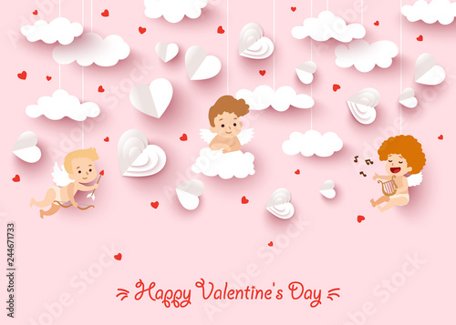 Happy Valentines day greeting card with cut paper cupid angel. Vector illustration