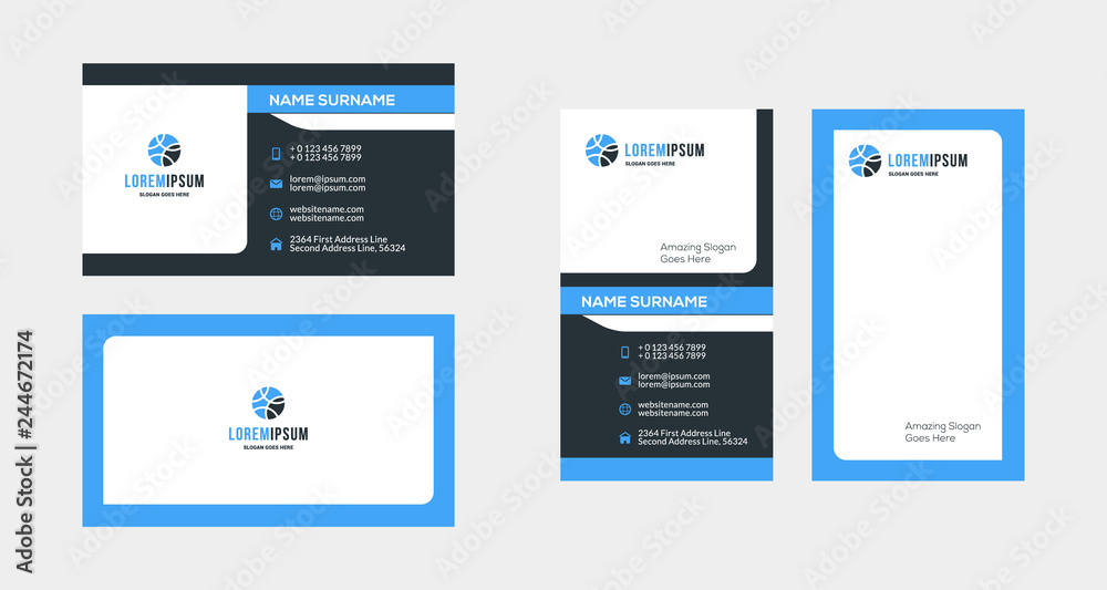 Double-sided creative business card template. Portrait and landscape orientation. Horizontal and vertical layout. Vector illustration Double-sided creative business card template. Portrait and landscape orientation. Horizontal and vertical layout. Vector illustration