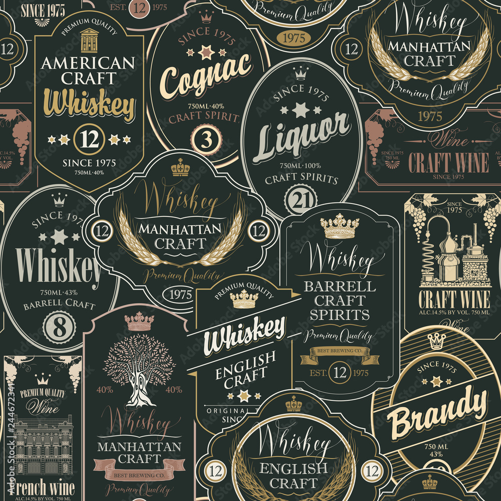Vector seamless pattern with a collage of labels for various alcoholic beverages in black and gold colors in retro style with inscriptions whiskey, liquor, cognac, wine, brandy.