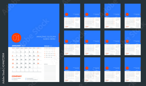 Wall calendar planner template for 2019 year. Week starts on Sunday. Vector illustration