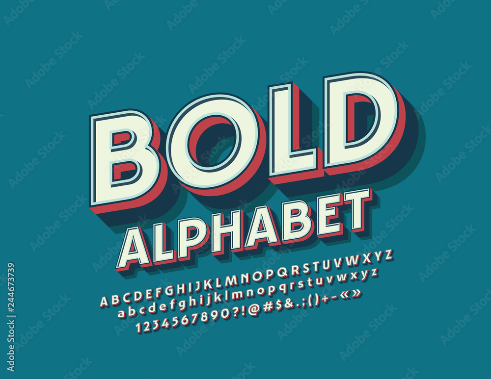 Vector Retro Bold Font. Set of bright 3D Letters, Numbers and Symbols ...
