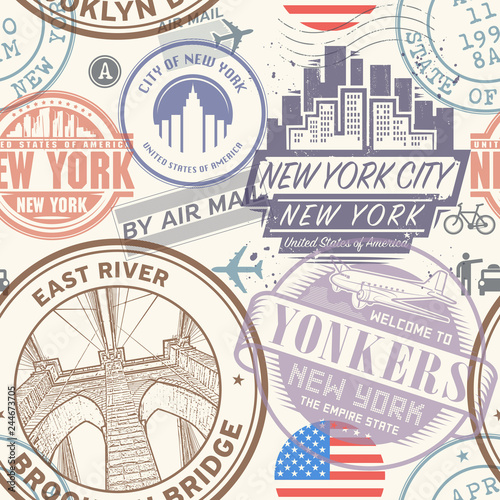 Seamless pattern with visa rubber stamps on passport