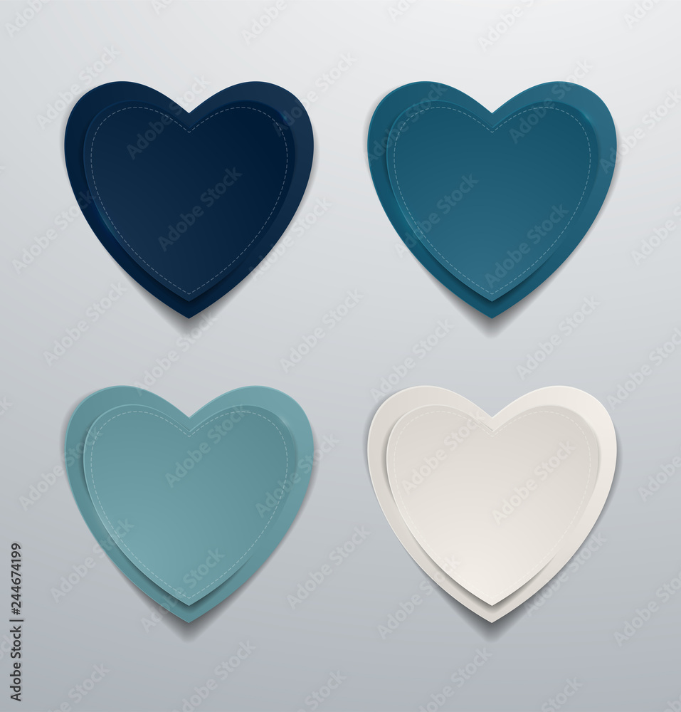 Blue paper hearts set. Collection of hearts